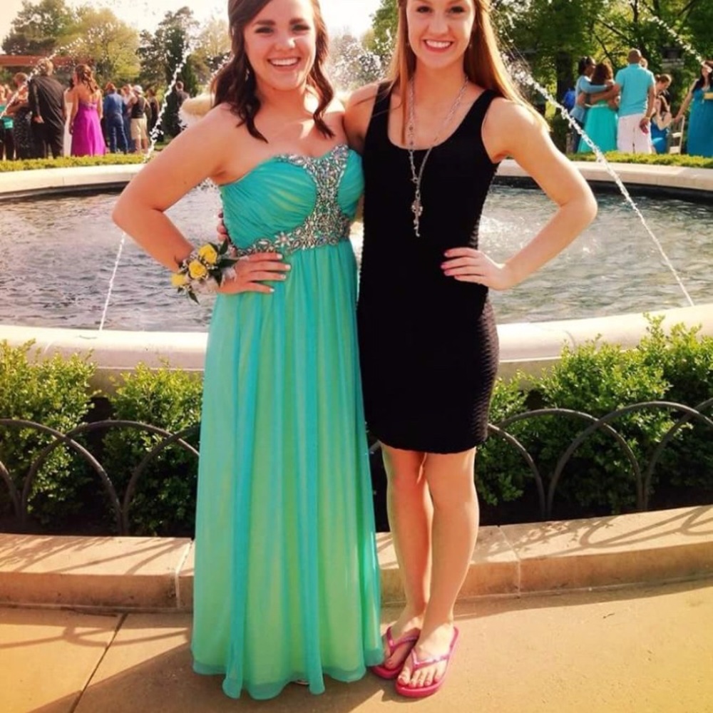 Blue/yellow sheer and Rhinestone full length Prom